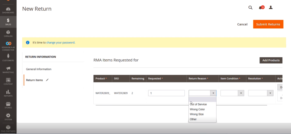 Enter the return quantity and reason for the return from the drop-down